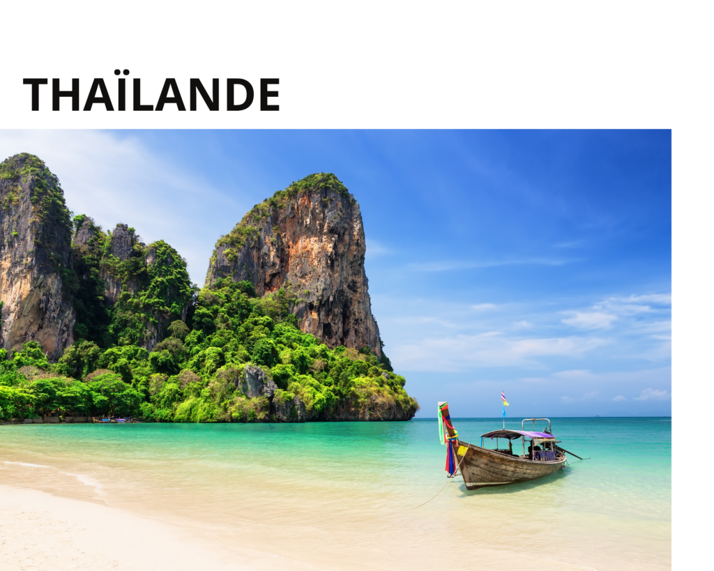 Bateau traditionnel thaïlandais longtail en bois amarré sur la plage de sable fin de Railay à Krabi, Thaïlande, avec une eau turquoise cristalline et d'imposantes falaises calcaires recouvertes de végétation tropicale en arrière-plan, sous un ciel bleu parsemé de nuages.