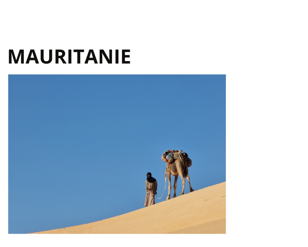 Chamelier en tenue traditionnelle marchant avec son dromadaire chargé sur la crête d'une dune de sable doré en Mauritanie, sous un ciel bleu intense et dégagé.