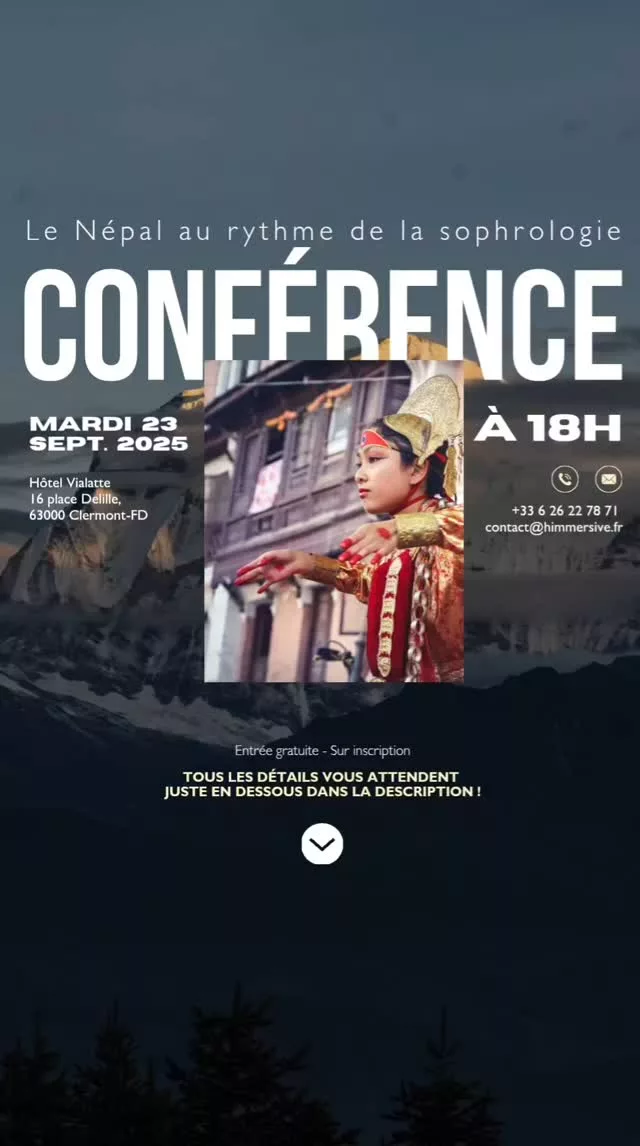 ✨ Et si nous partions au Népal ensemble… dès septembre ?  Pas encore physiquement, mais presque !
Nous vous donnons rendez-vous pour une conférence immersive autour du voyage que Virginie Vandermeersch (sophrologue passionnée) et moi avons conçu sur mesure, avec tout notre cœur 🌿  👉 “Le Népal au rythme de la sophrologie”
Un itinéraire initiatique mêlant découvertes, introspection, rencontres et moments suspendus…  📅 Mardi 23 septembre à 18h
📍 Hôtel Vialatte - 16 place Delille, 63000 Clermont-Ferrand 
🎟 Entrée gratuite – sur inscription  Au programme :
💬 Témoignages
🎥 Projection exclusive
🥟 Dégustation népalaise
🌏 Les coulisses du voyage
📡 Échanges en direct avec nos guides locaux (parce que oui, nous travaillons main dans la main avec eux aussi 😉)  🧘‍♀️ Ce projet, c’est l’envie de créer un voyage qui fait du bien, à soi et au monde.  Tu viens vivre ça avec nous ? 😍
➡️ Infos & inscription : contact@himmersive.fr ou en DM  #agencedevoyage #voyagesurmesure #voyageauthentique #voyageinitiatique #nepaltrek #immersion #travelplanner #voyageinsolite